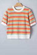Orange Abstract Striped Knit Short Sleeve Sweater