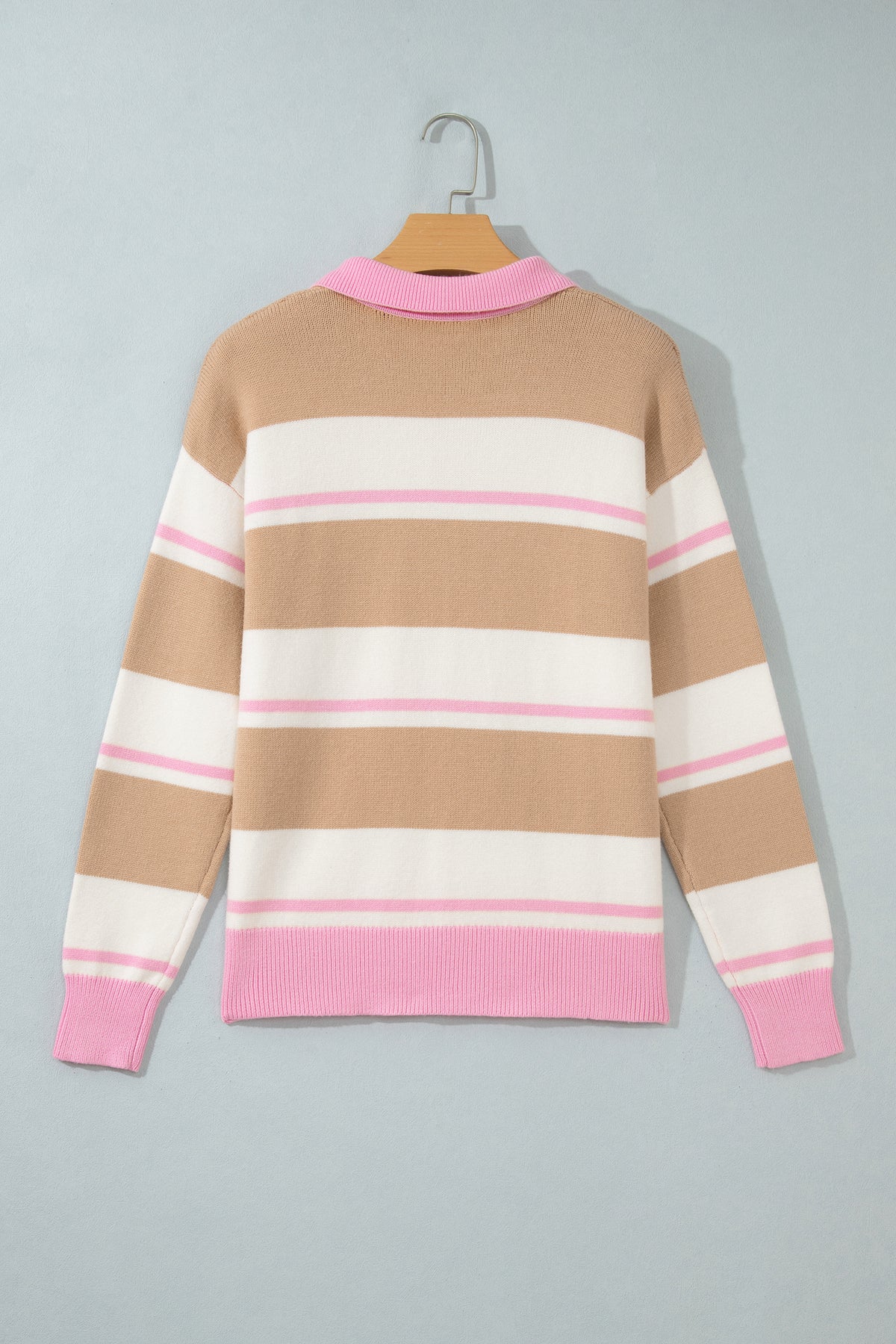 Khaki Stripe Striped Drop Shoulder Button Placket Long Sleeve Sweater