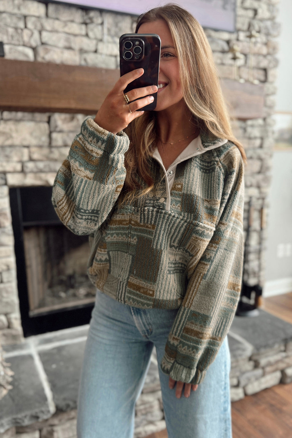 Green Western Print Fleece Pullover Long Sleeve Casual Fit Sweatshirt