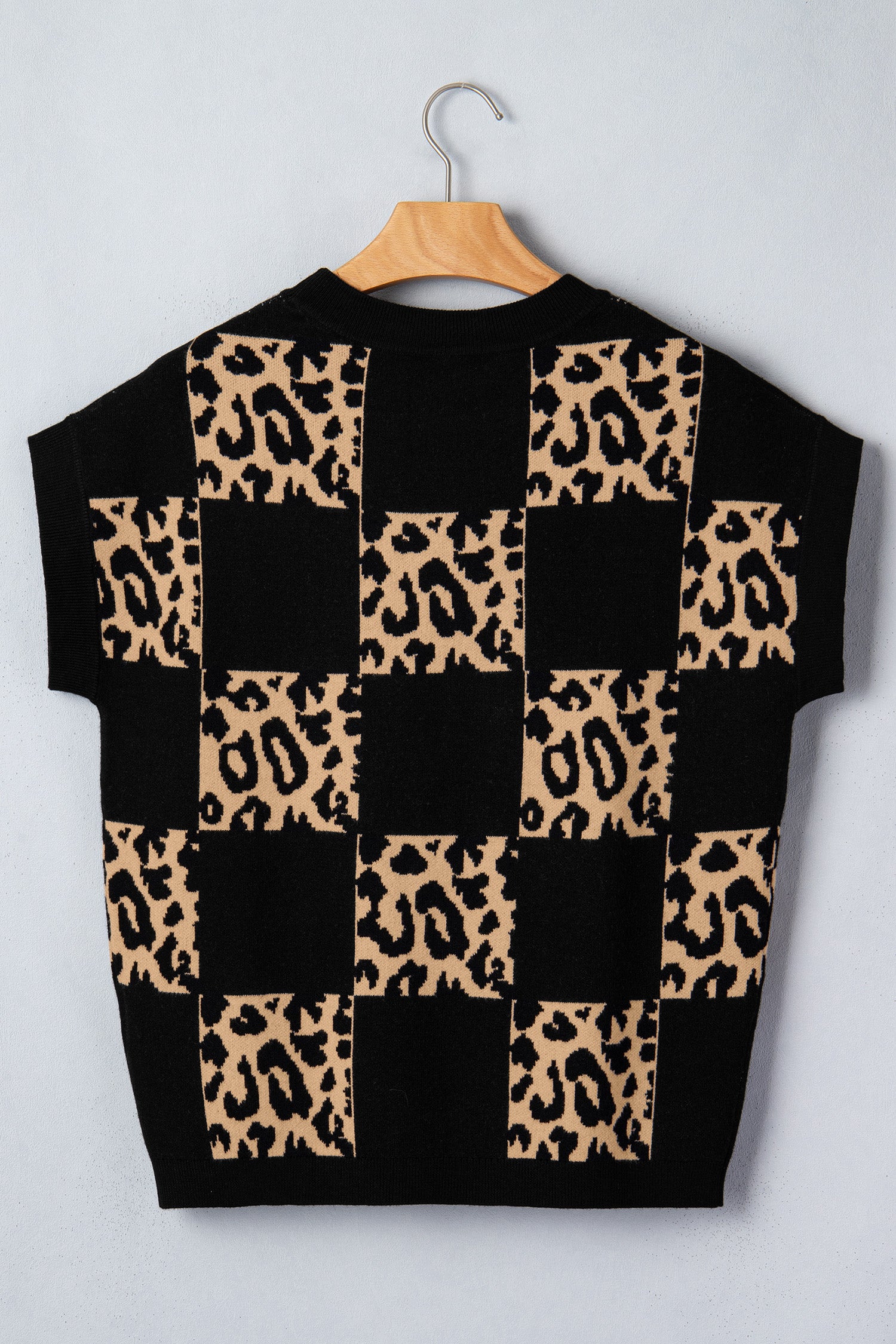 Black Leopard Checkerboard Short Sleeve Knit Sweater