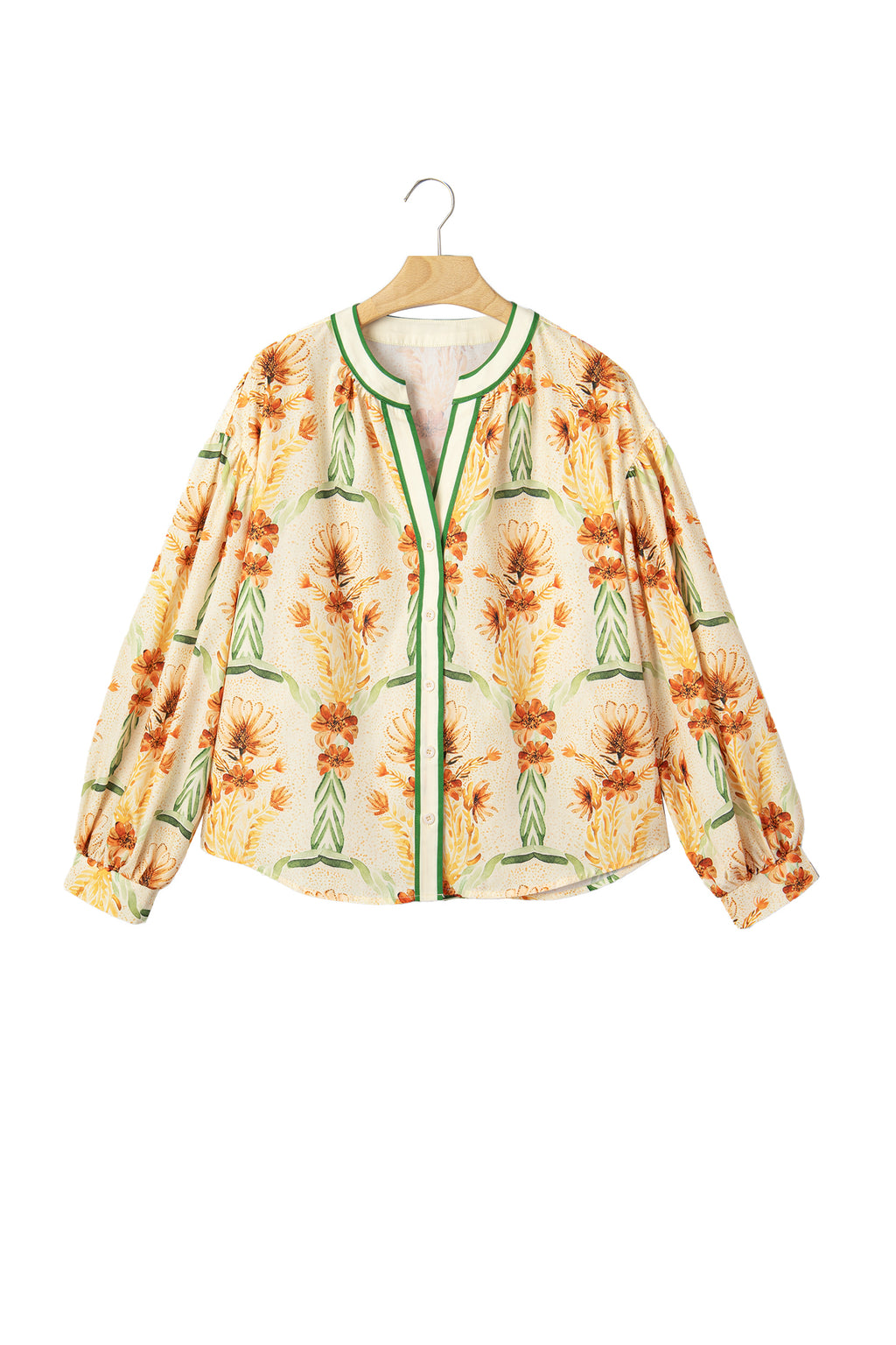 Yellow Floral Print V Neck Long Sleeve Shirt