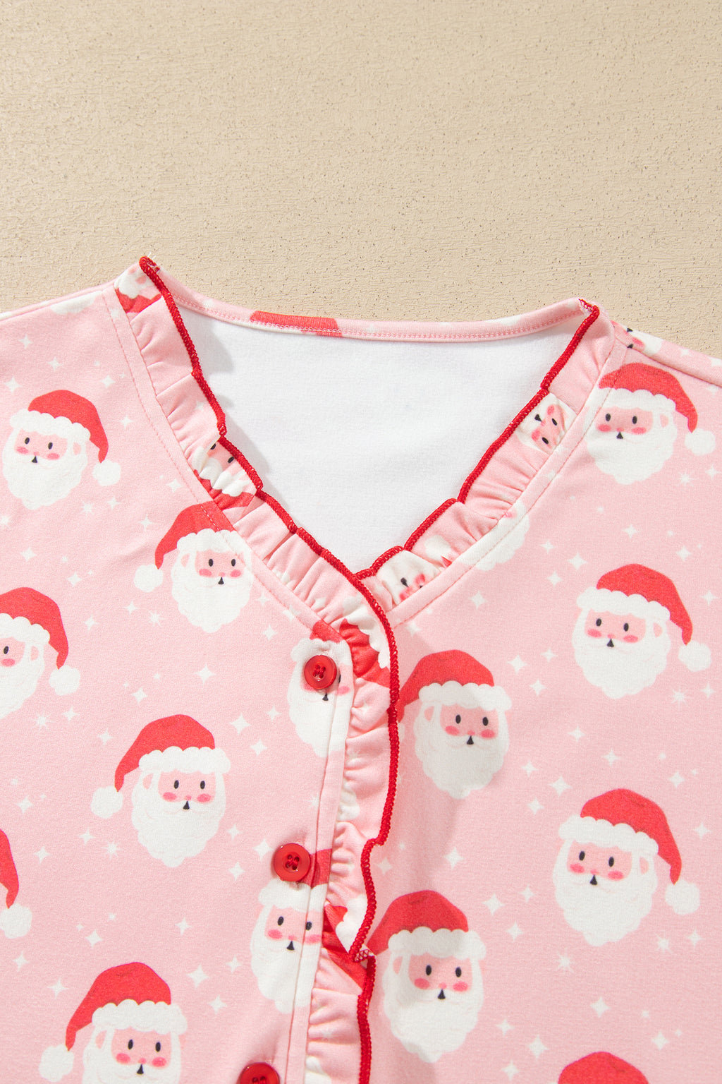 Pink Christmas Santa Print Frilled Button Front Long Sleeve Top Lounge Pant Set