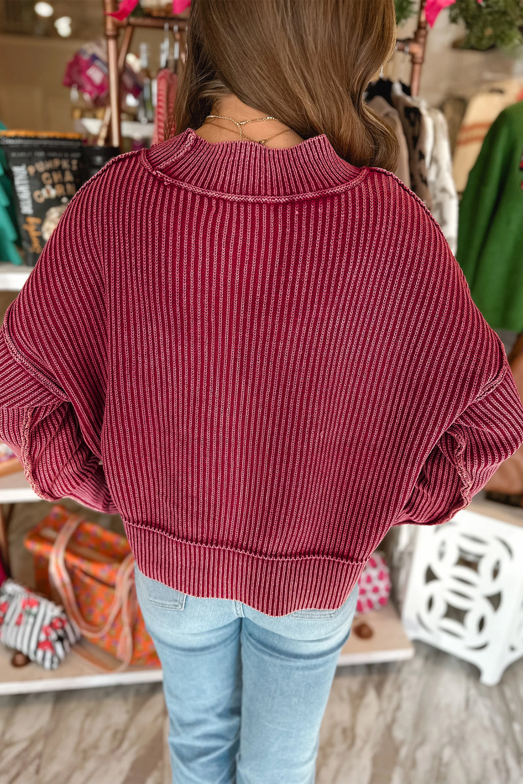 Red Dahlia Drop Shoulder High Neck Ribbed Sweater