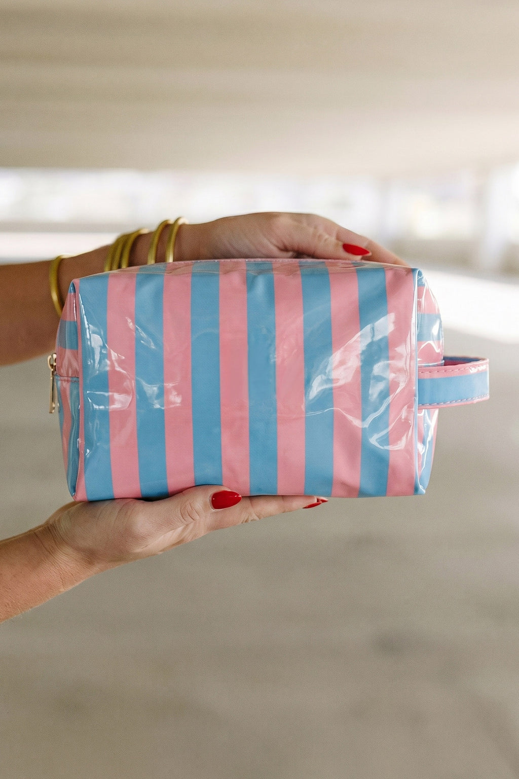 Fiery Red PVC Striped Cosmetic Bag Durable Zipper Handle Travel Organizer