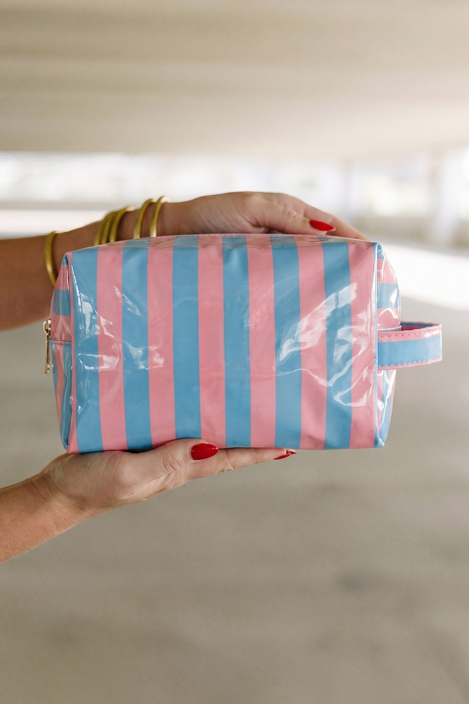 Fiery Red PVC Striped Cosmetic Bag Durable Zipper Handle Travel Organizer