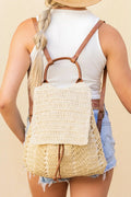 White Retro Straw Woven PU Leather Straps Casual Backpack