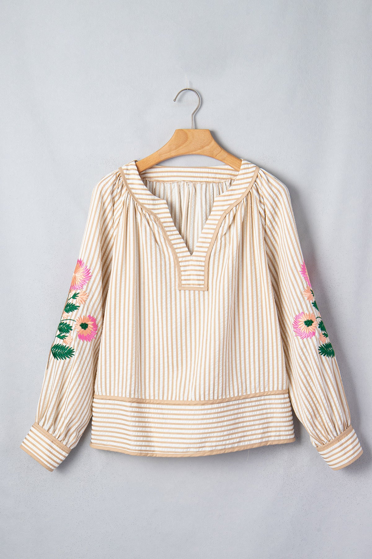 Khaki Stripe V Neck Floral Embroidered Long Sleeve Blouse