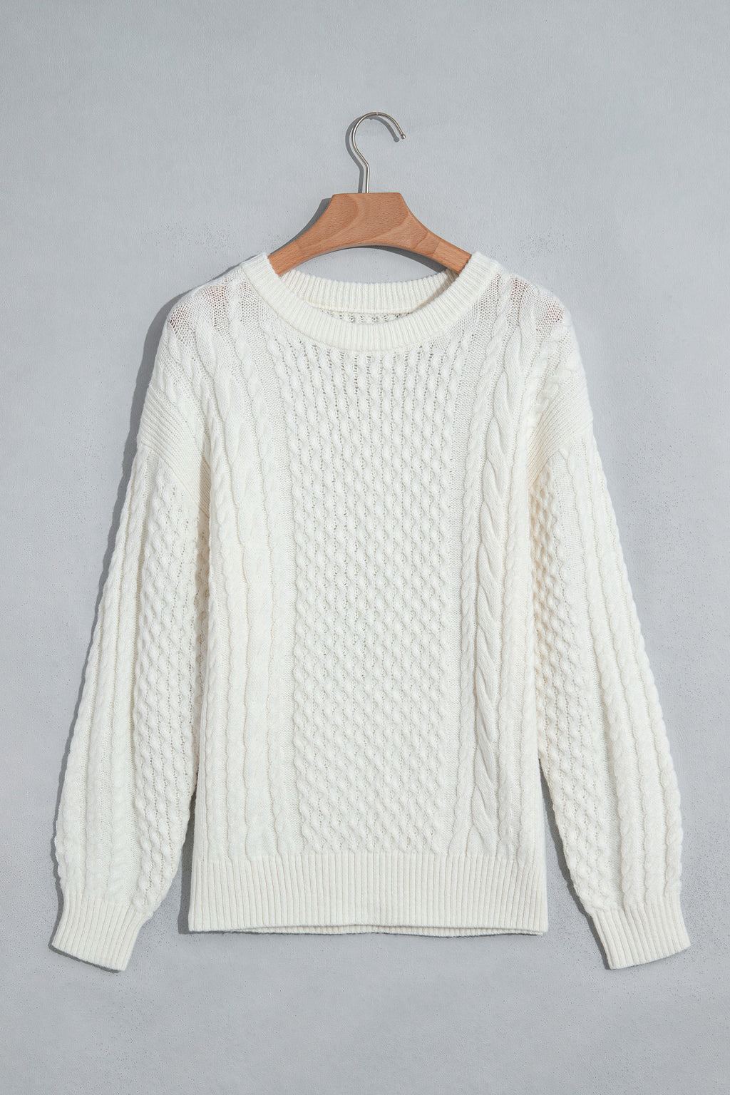 Beige Solid Color Cable Detail Knit Loose Round Neck Sweater