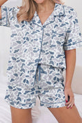 Beige Camouflage Print Lapel Shirt Drawstring 2pcs Short Pajama Set
