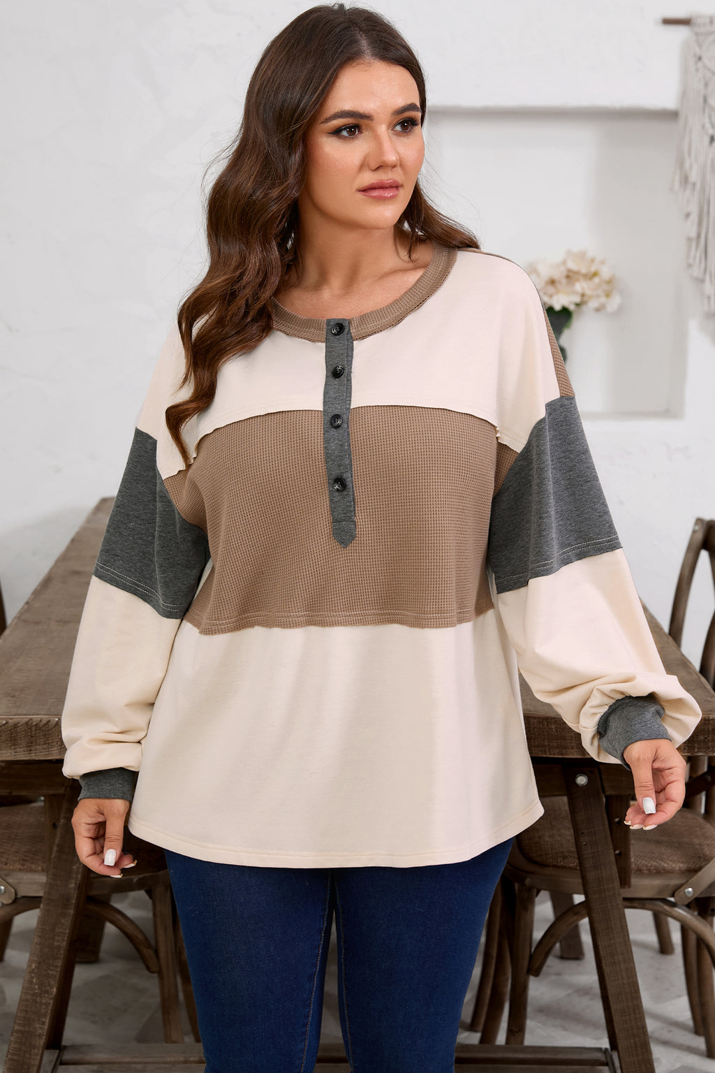 Jet Stream Waffle Patchwork Colorblock Half Buttons Casual Plus Size Knit Jumper