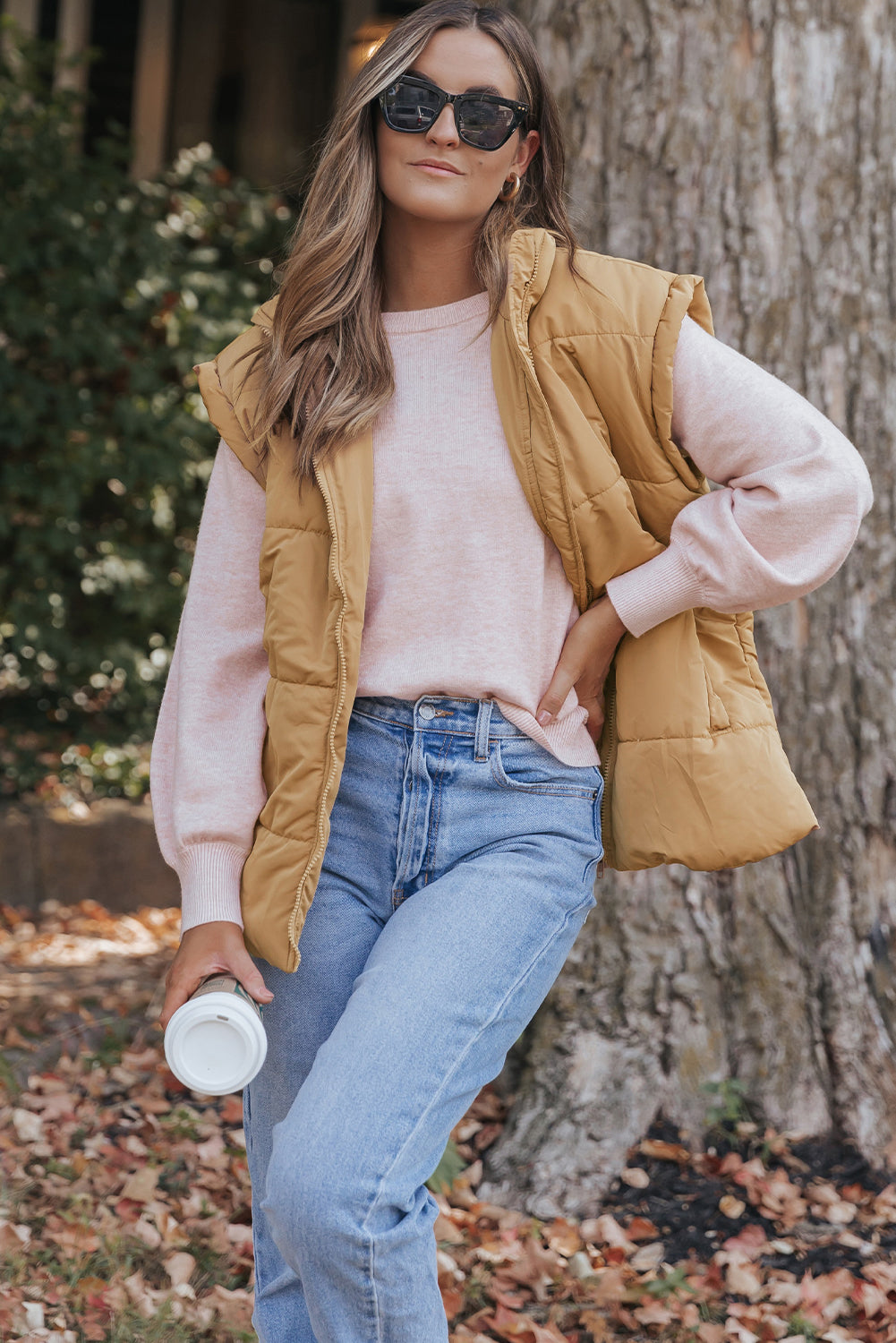 Khaki Oversized Stand Collar Zip Winter Vest