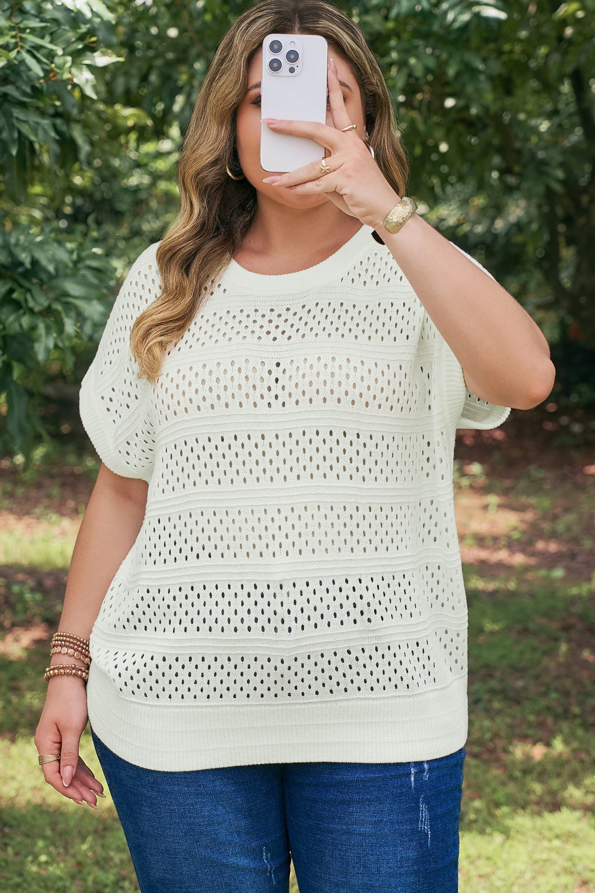 White Plus Size Eyelet Hollow Out Knit Ribbed Trim Short Sleeve Dolman Sweater