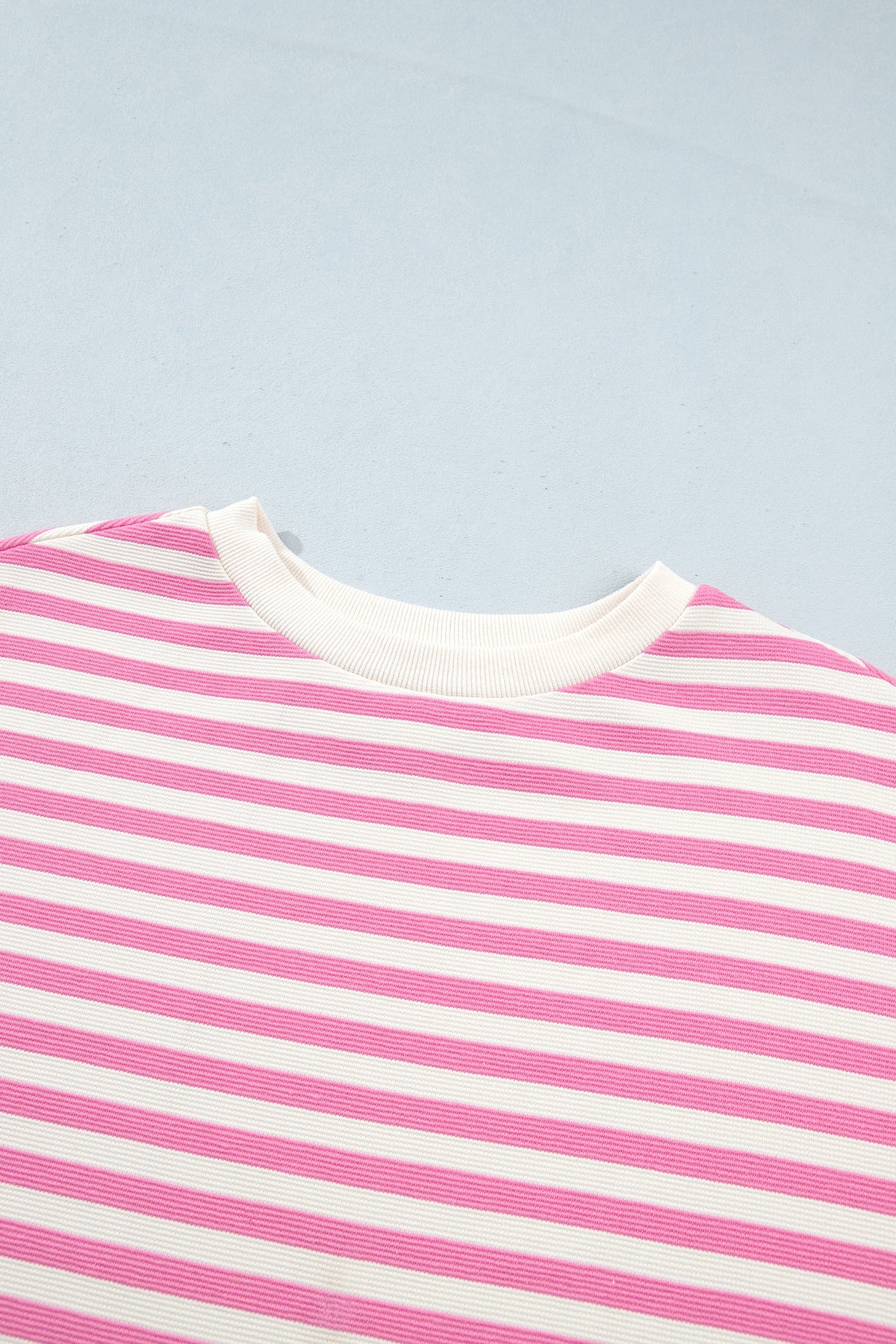 Pink Striped Long Sleeve Crew Neck Drawstring Waist Shorts Set