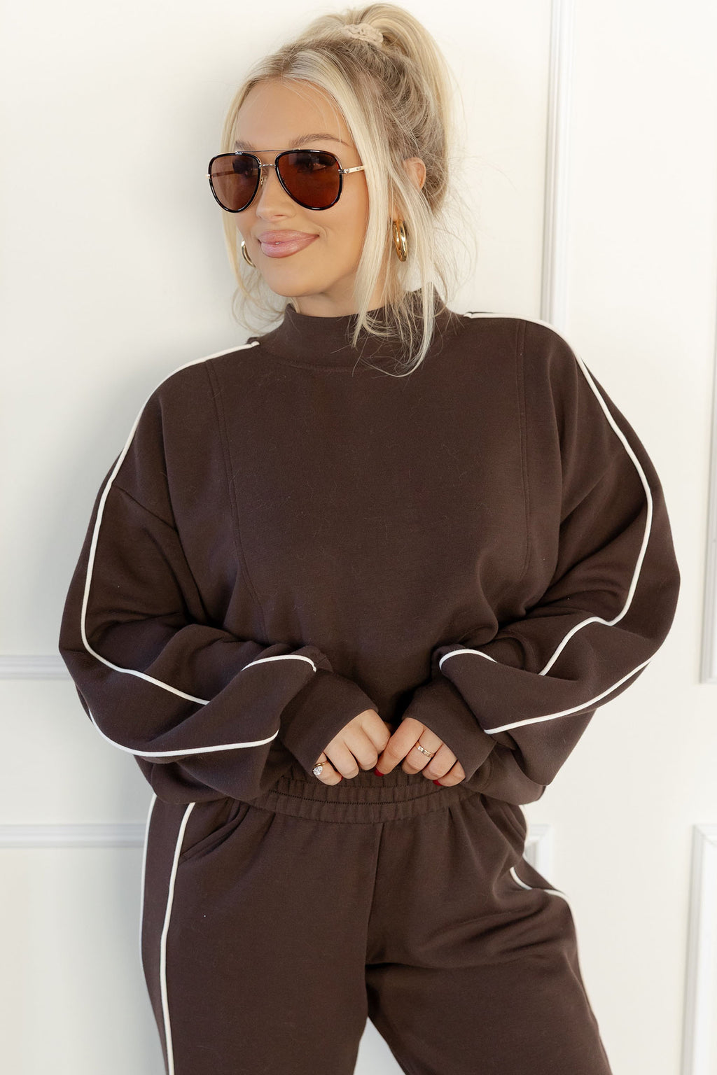 Coffee Sporty Piping Trim Mock Neck Pullover Relaxed 2pcs Pant Set