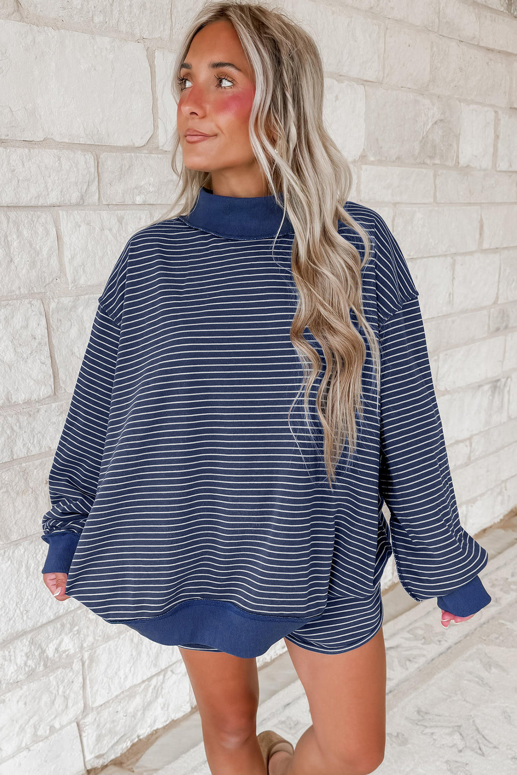 Blue Stripe Ribbed Patchwork Mock Neck Baggy Pullover Matching Shorts Set