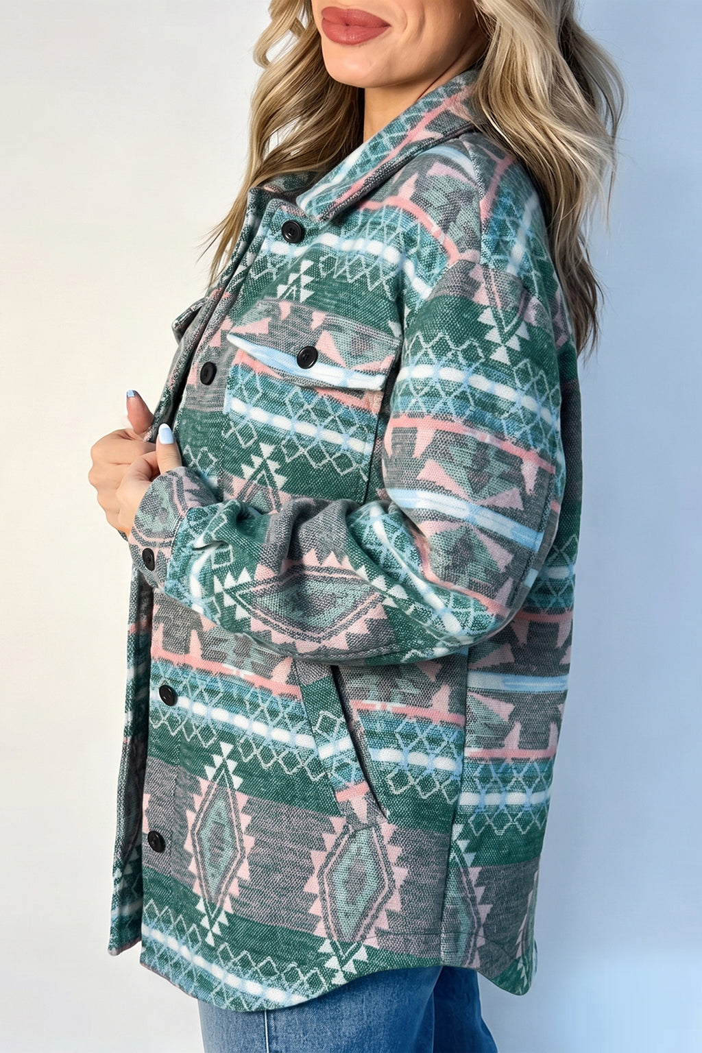 Green Geometric Print Button Front Long Sleeve Shacket