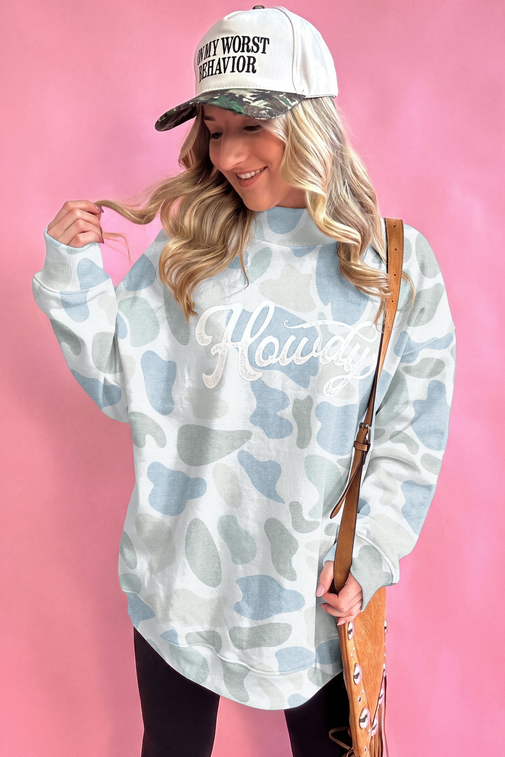 Pink Camo Print Howdy Western Style Baggy Pullover Sweatshirt