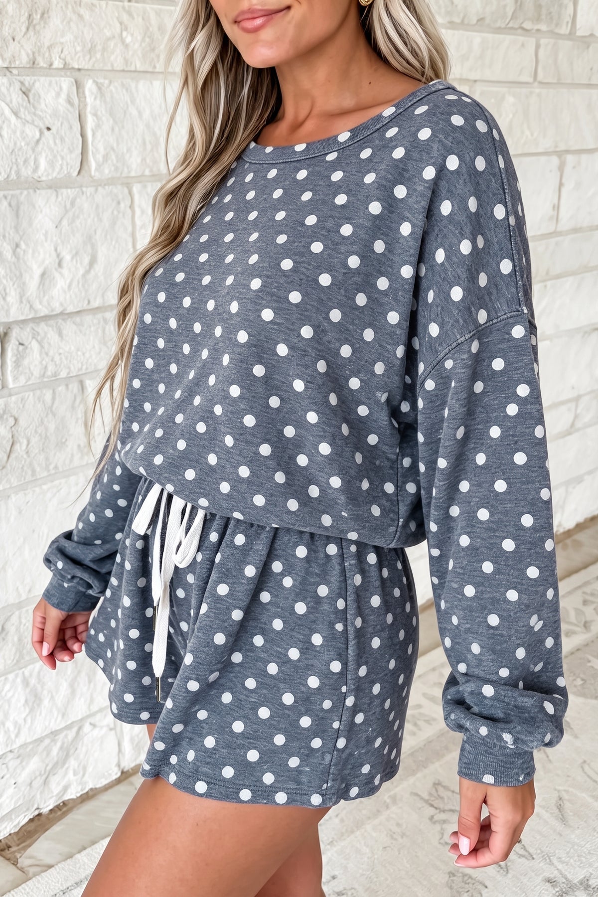 Pink Polka Dot Long Sleeve Top Drawstring Shorts Loose 2pcs Set