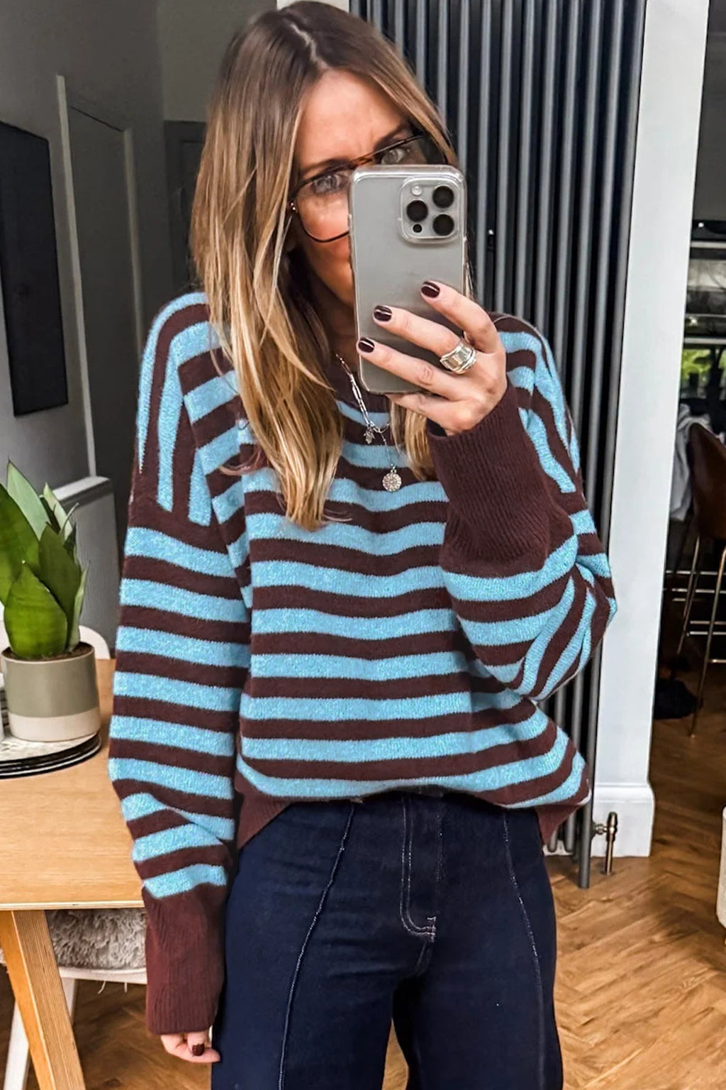 Brown Stripe Color Block Loose Crew Neck Cuffed Sweater
