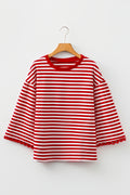 Racing Red Striped Print Drop Shoulder Lace Trim Bracelet Sleeve Loose Top