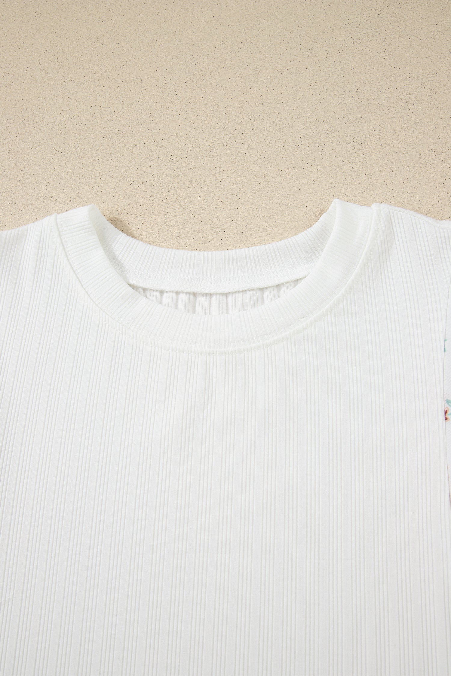 White Ribbed Texture Floral Print Half Sleeve Patchwork Top