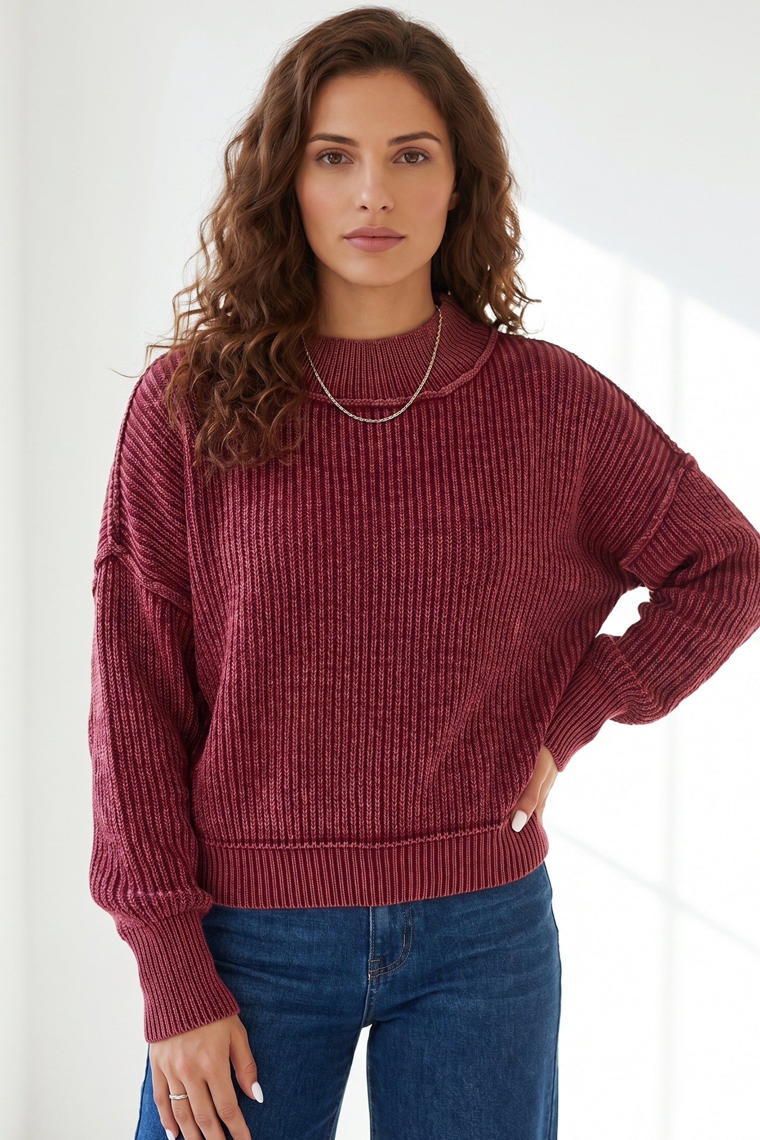 Red Dahlia Drop Shoulder High Neck Ribbed Sweater