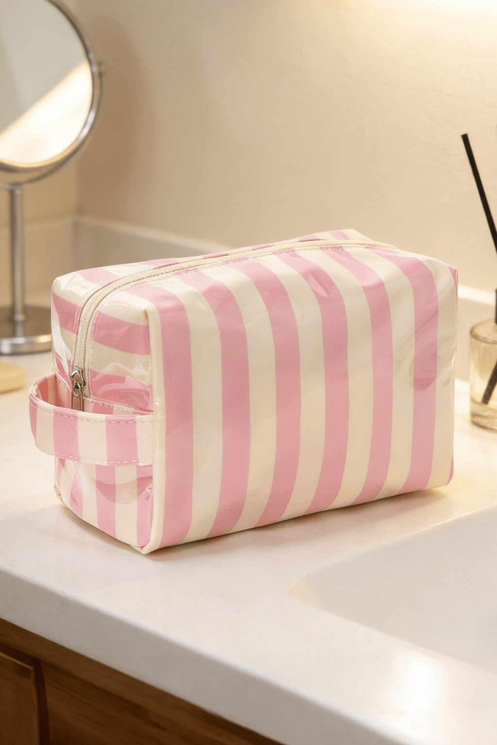Fiery Red PVC Striped Cosmetic Bag Durable Zipper Handle Travel Organizer