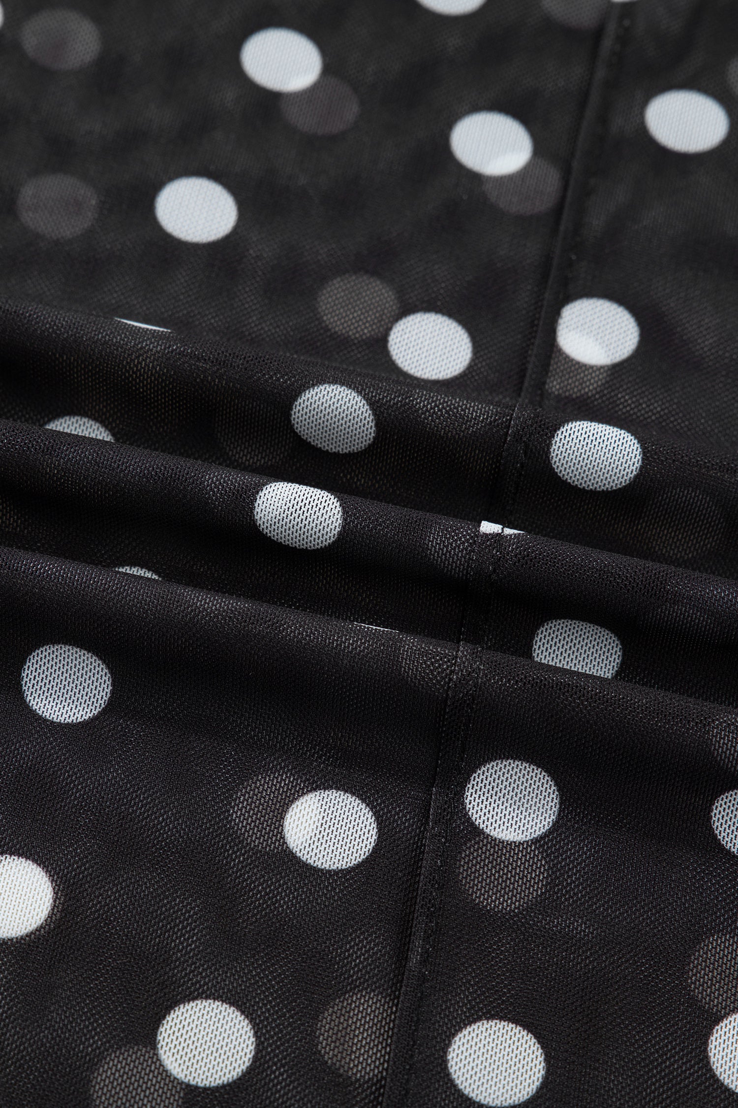 Black Polka Dot Patterned Bodycon Mock Neck Mesh Long Sleeve Top