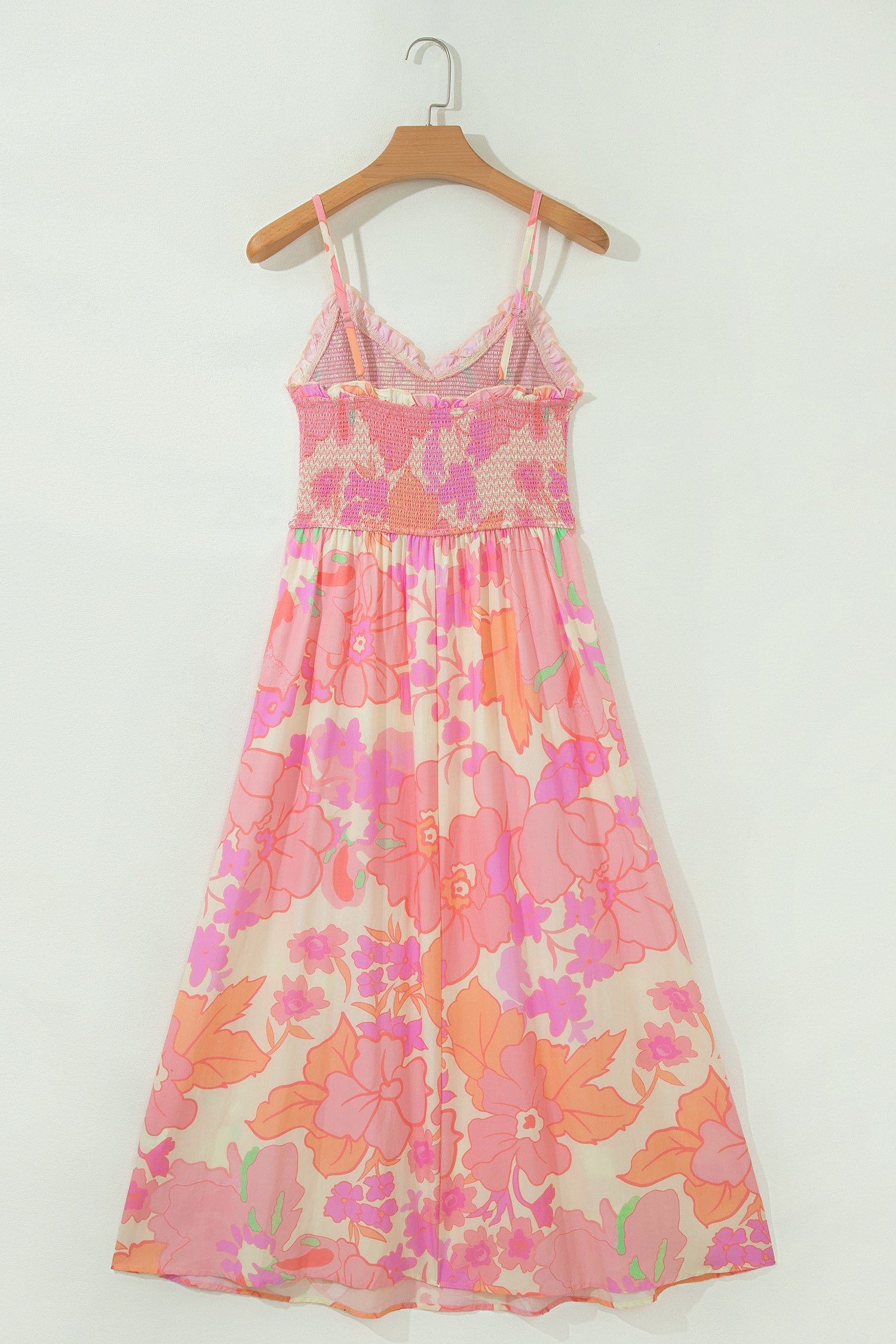 Pink Spaghetti Straps Floral Shirred High Waist Dress
