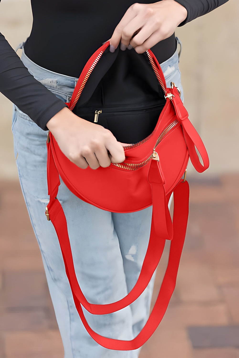 Camel Double Zip Crescent Shape Adjustable Sling Bag