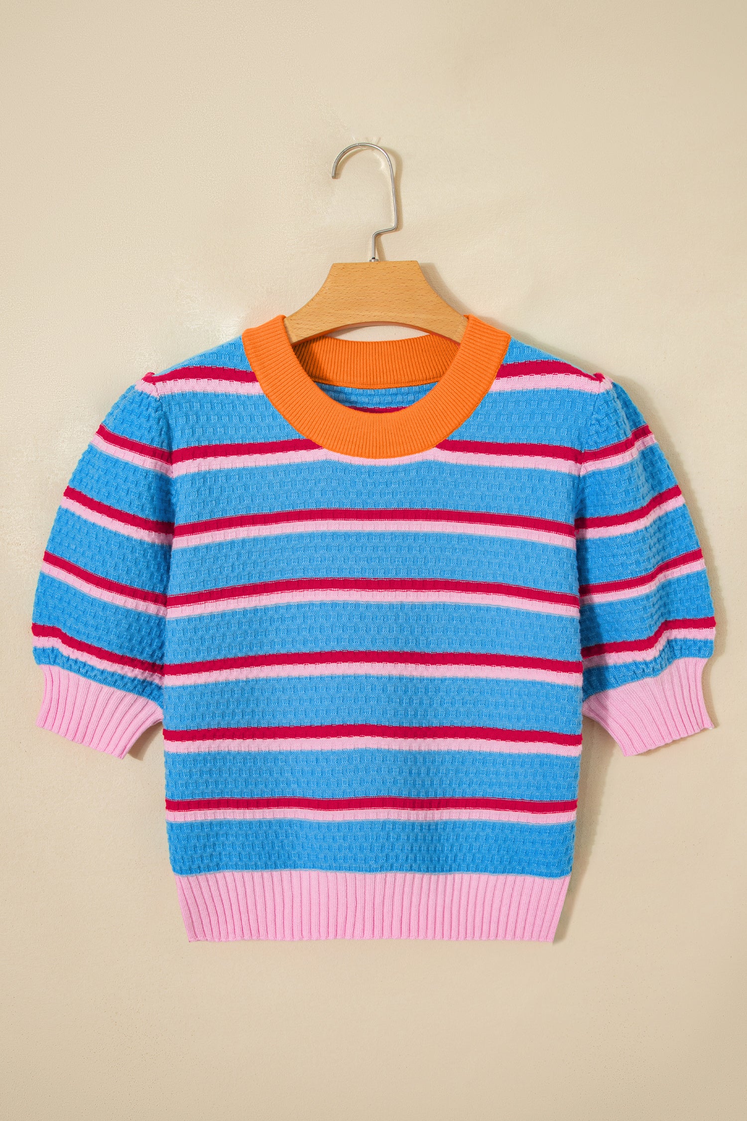 Sky Blue Stripe Colorblock Trim Half Sleeve Sweater Top