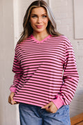 Pink Stripe V Neck Long Sleeve Drop Shoulder Blouse