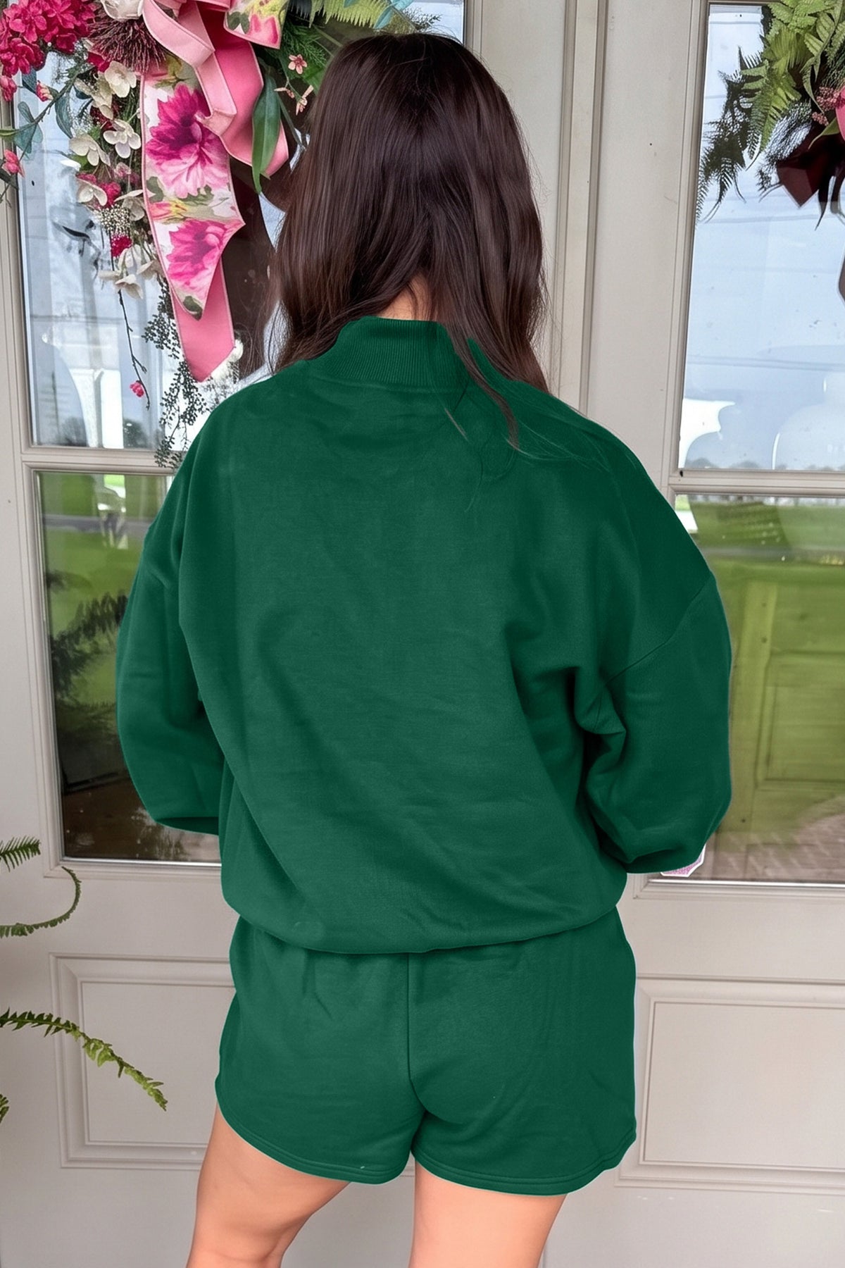 Dark Green Christmas Slogan Print Mock Neck Pullover and Shorts Set
