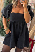 Black Denim Square Neck Smocked Short Puff Sleeve Flared Romper