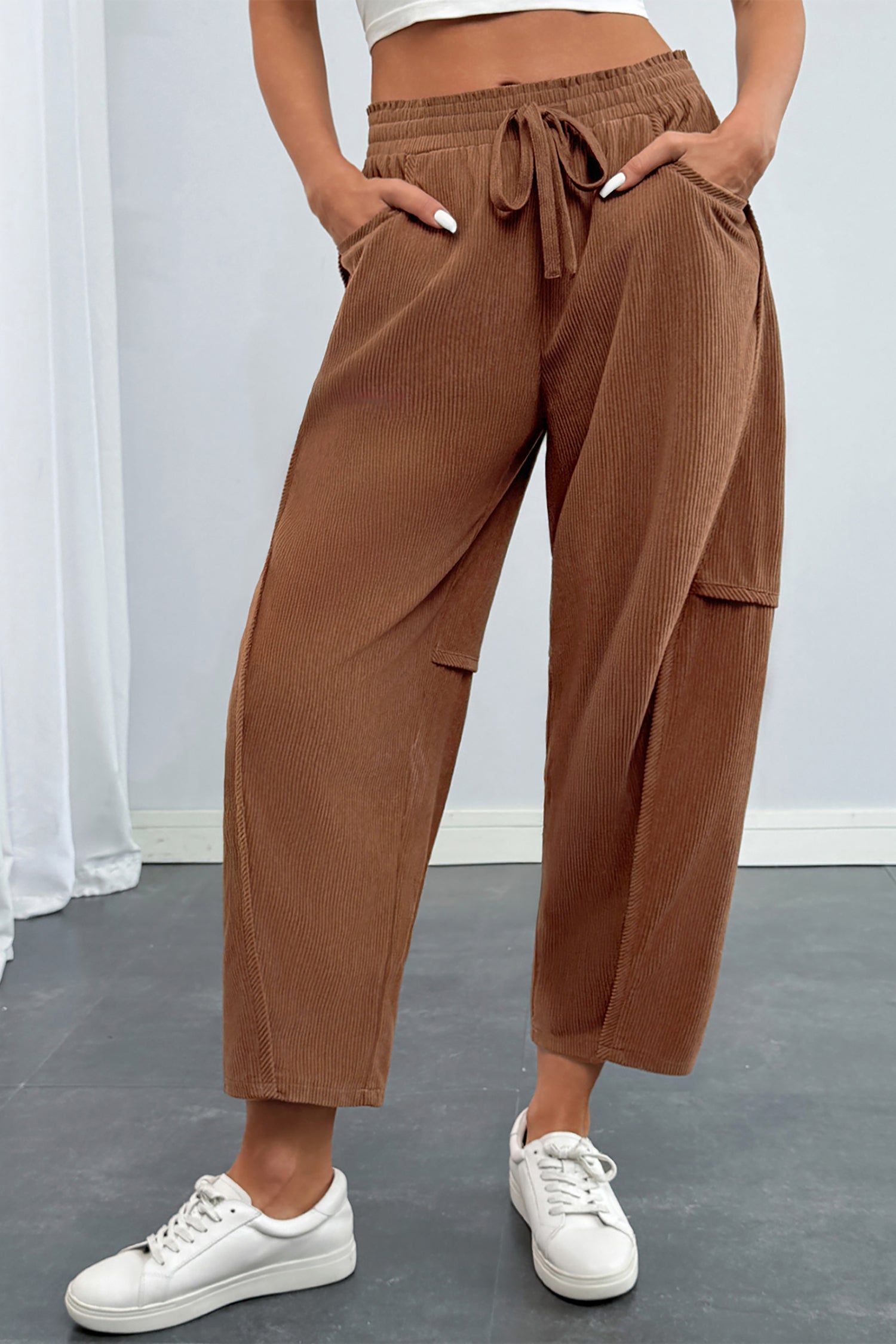 Coffee Corduroy Elastic Waist Drawstring Cargo Pants