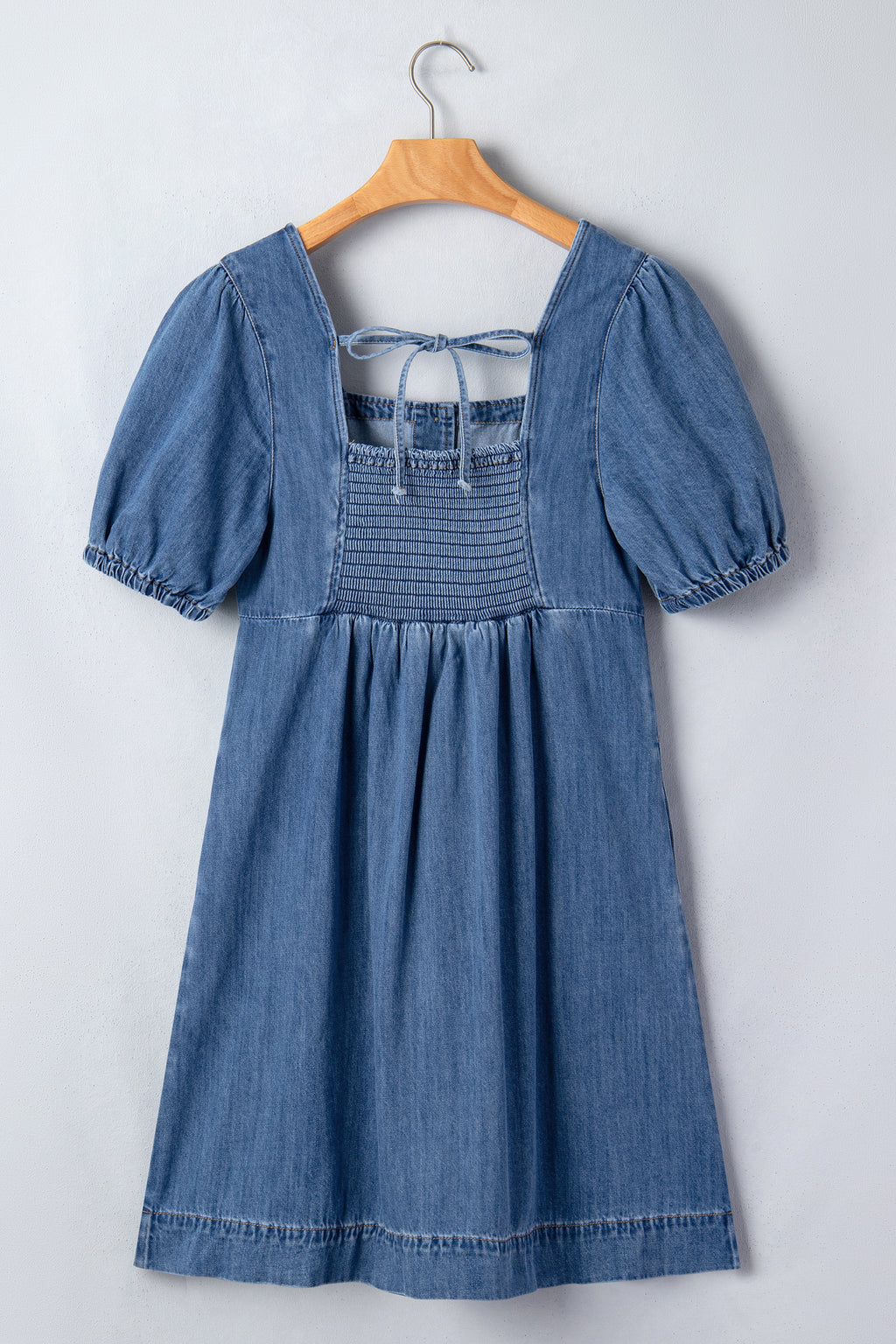 Prussian Blue Button Square Neck Short Puff Sleeve Denim Mini Dress