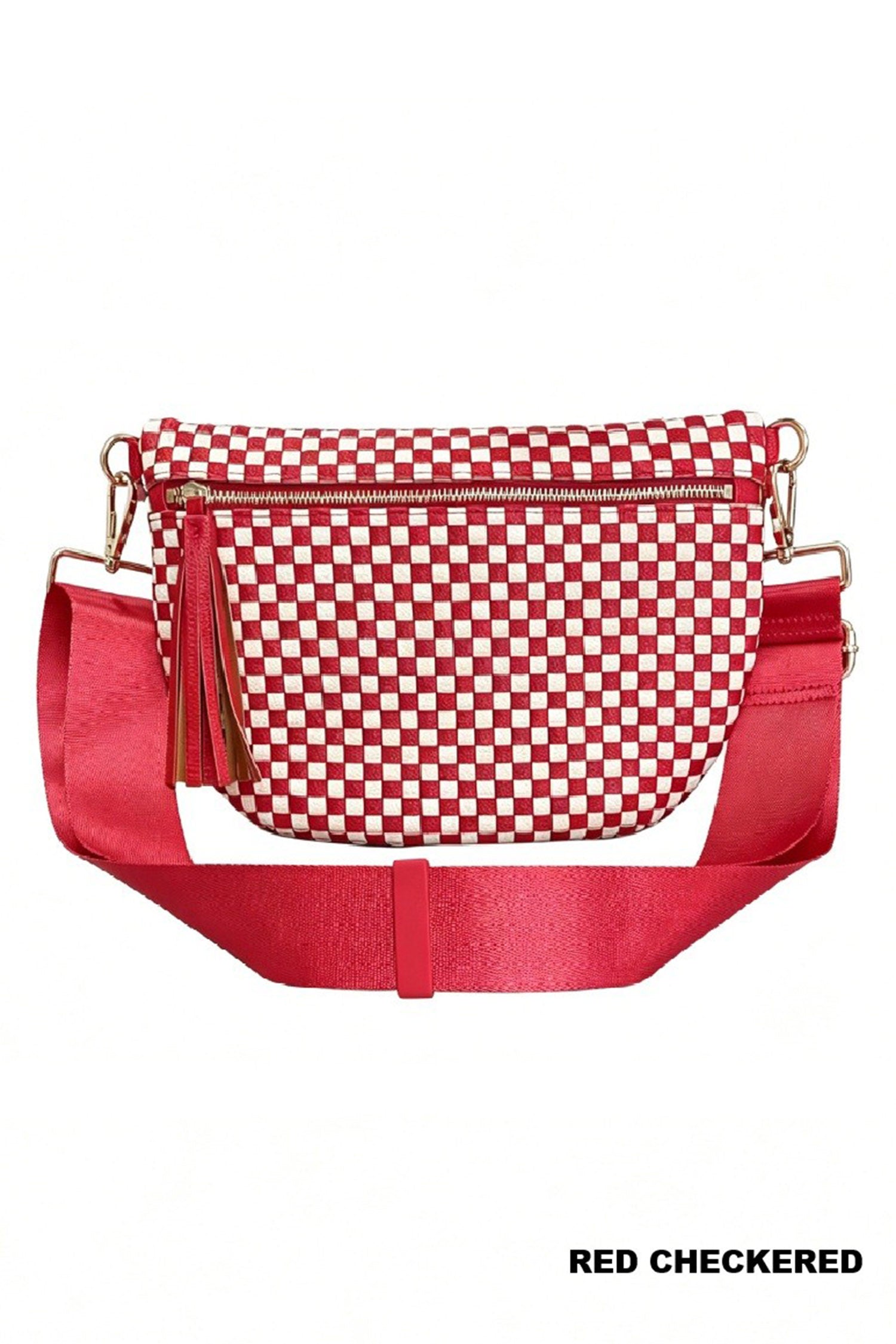 Color black Checkered Woven PU Leather Crossbody Bag Adjustable Strap Large Size