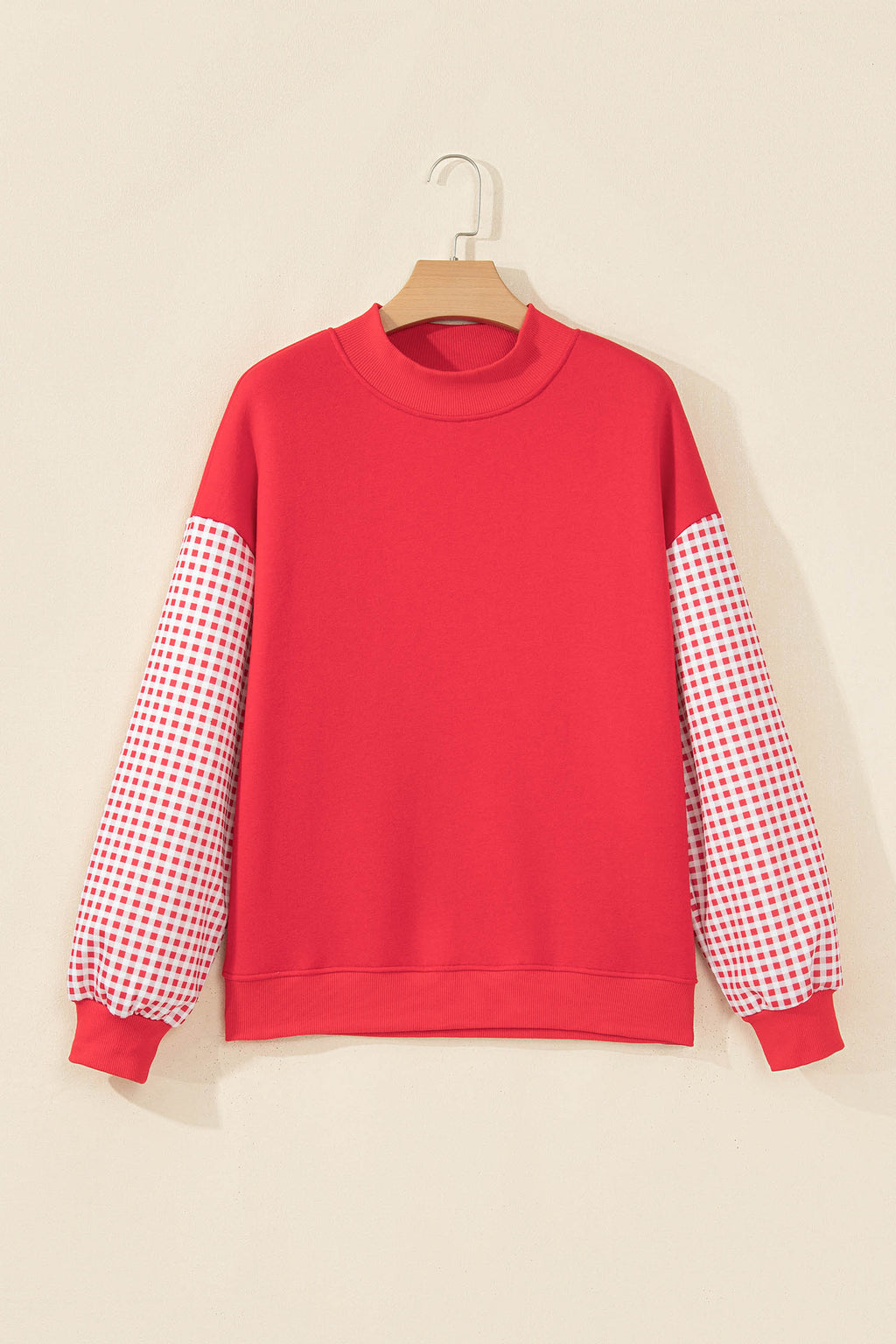 Russet Orange Plaid Sleeve Colorblock Loose Tunic Sweatshirt