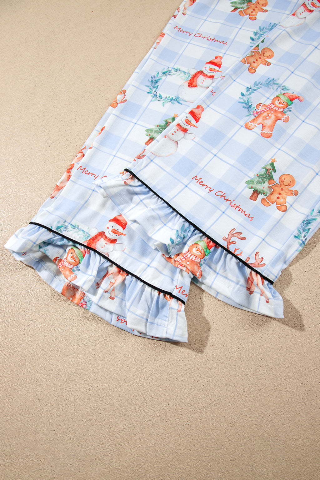 Sky Blue Plaid Cartoon Christmas Pattern Shirt Top 2pcs Pajama Set