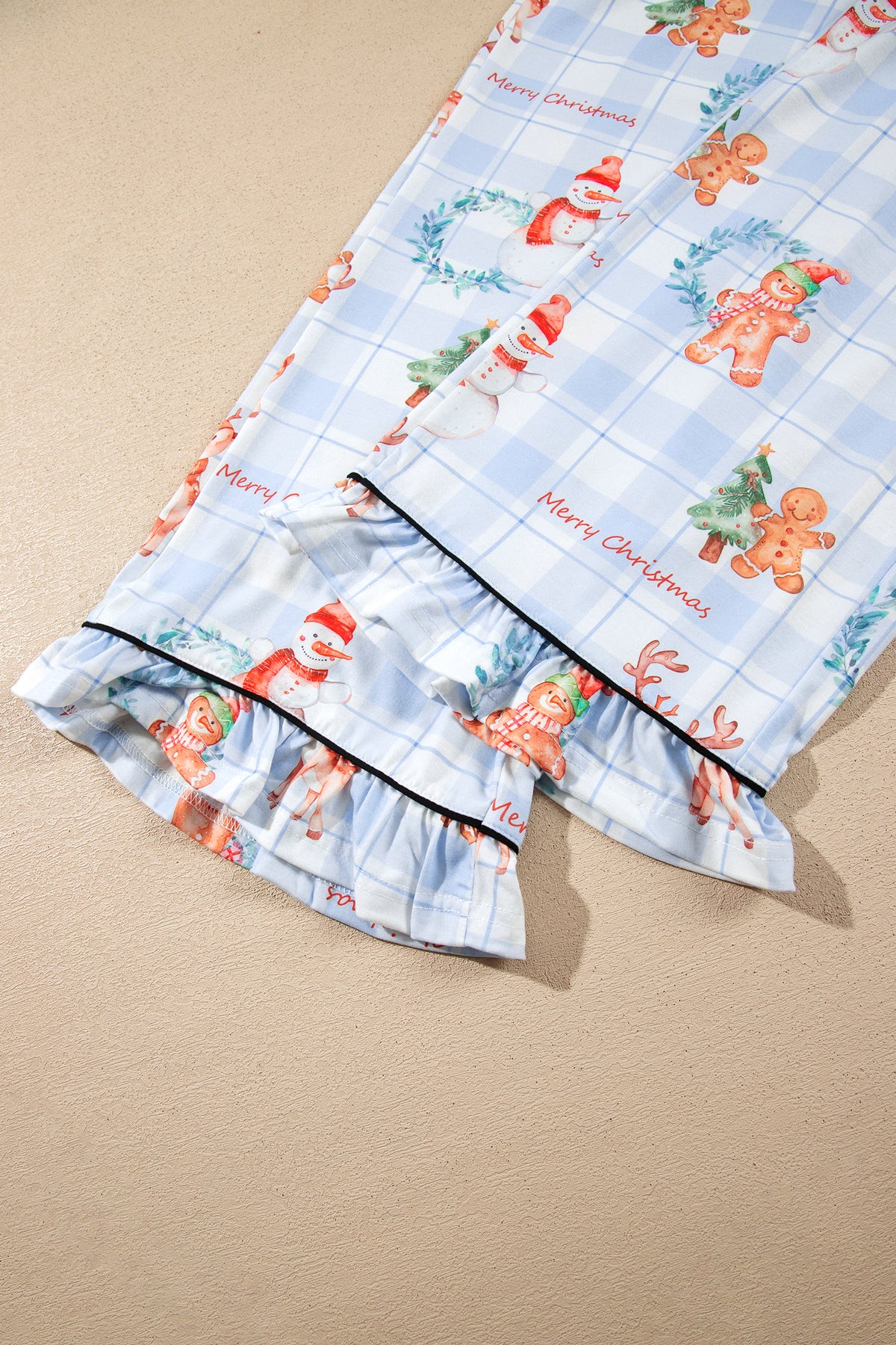 Sky Blue Plaid Cartoon Christmas Pattern Shirt Top 2pcs Pajama Set
