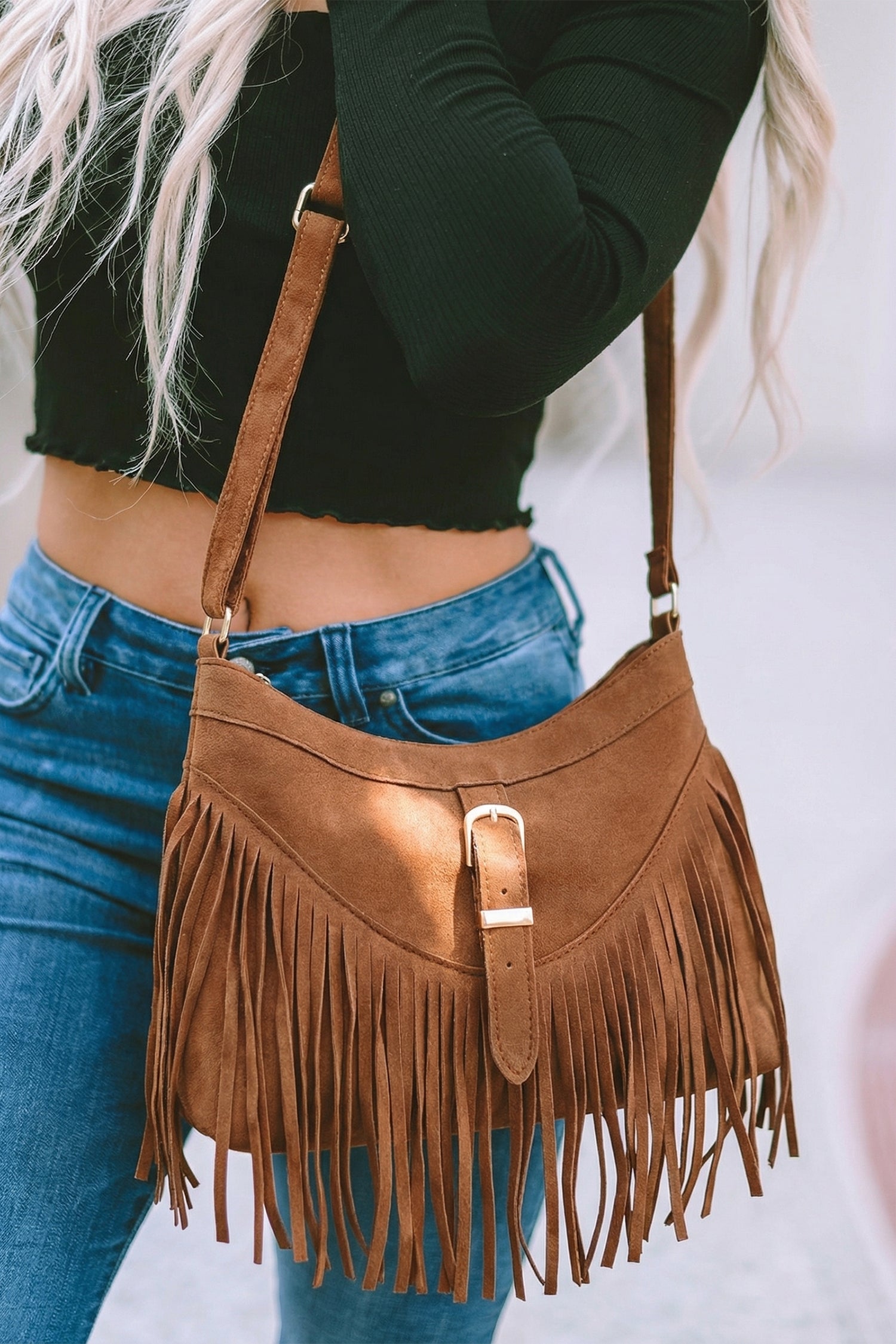 Coffee Faux Suede Boho Fringe Hobo Shoulder Bag