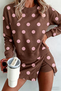 Brown Polka Dot Two Piece Set Long Sleeve Casual Skirt Set