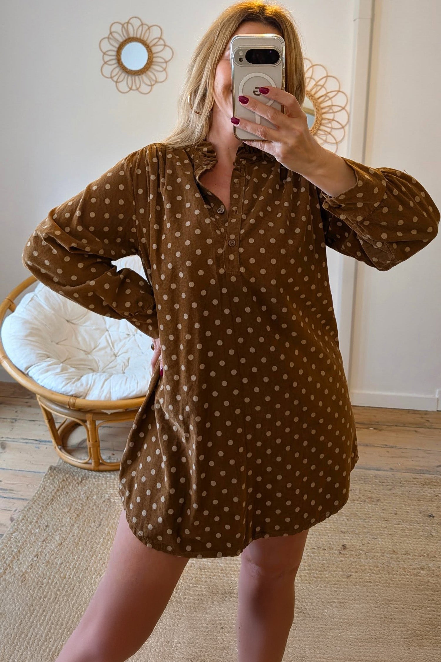 Brown Polka Dot V Neck Long Sleeve Button Shift Dress