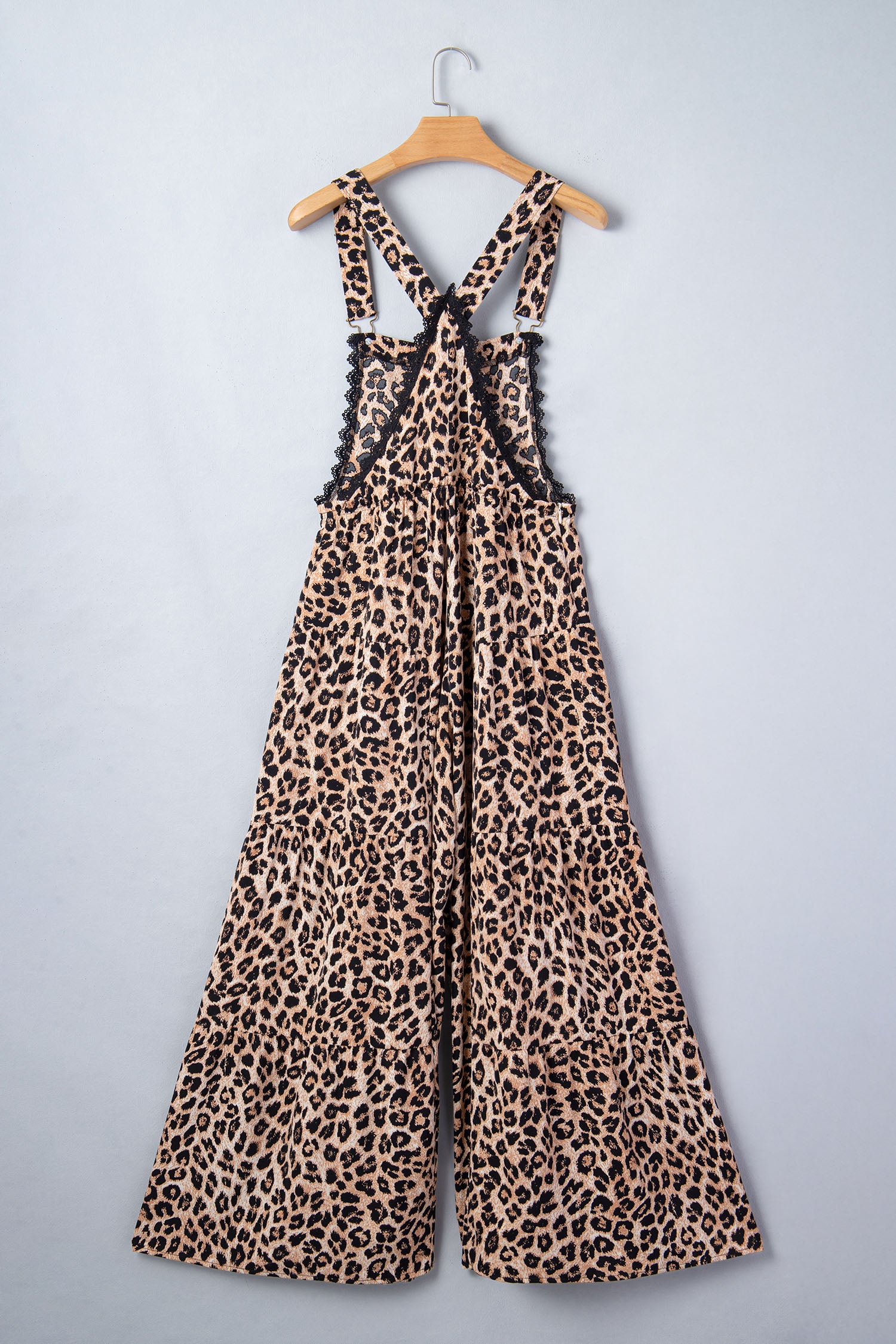 Khaki Cheetah Printed Contrast Lace Detail Ruffled Wide Leg Jumpsuit