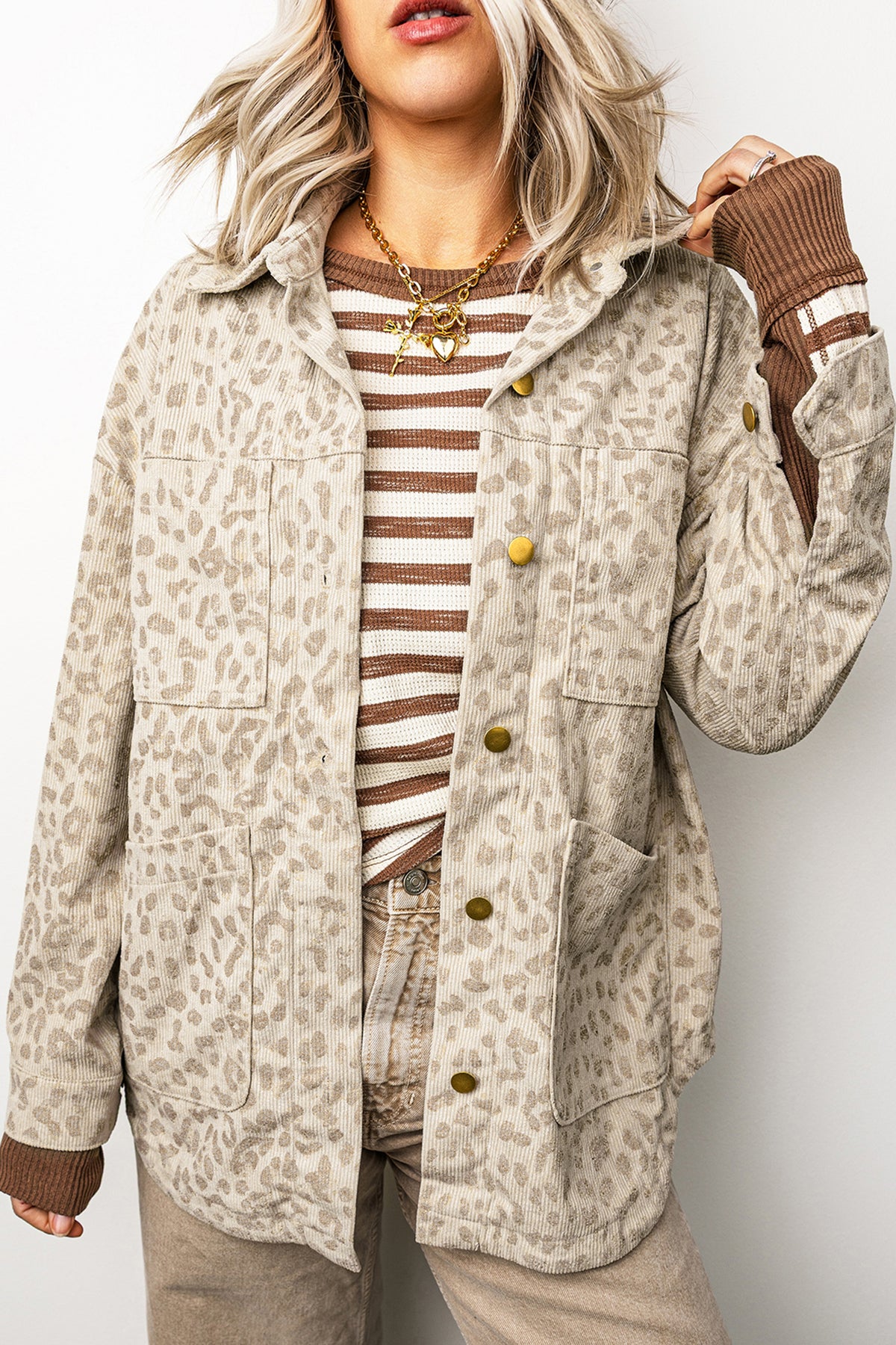 Khaki Leopard Print Corduroy Shirt Collar Long Sleeve Regular Fit Jacket