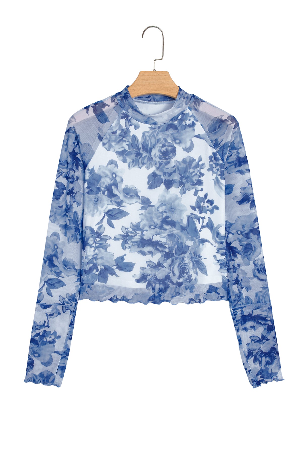 Sky Blue Floral Print Long Sleeve Stand Neck Mesh Top