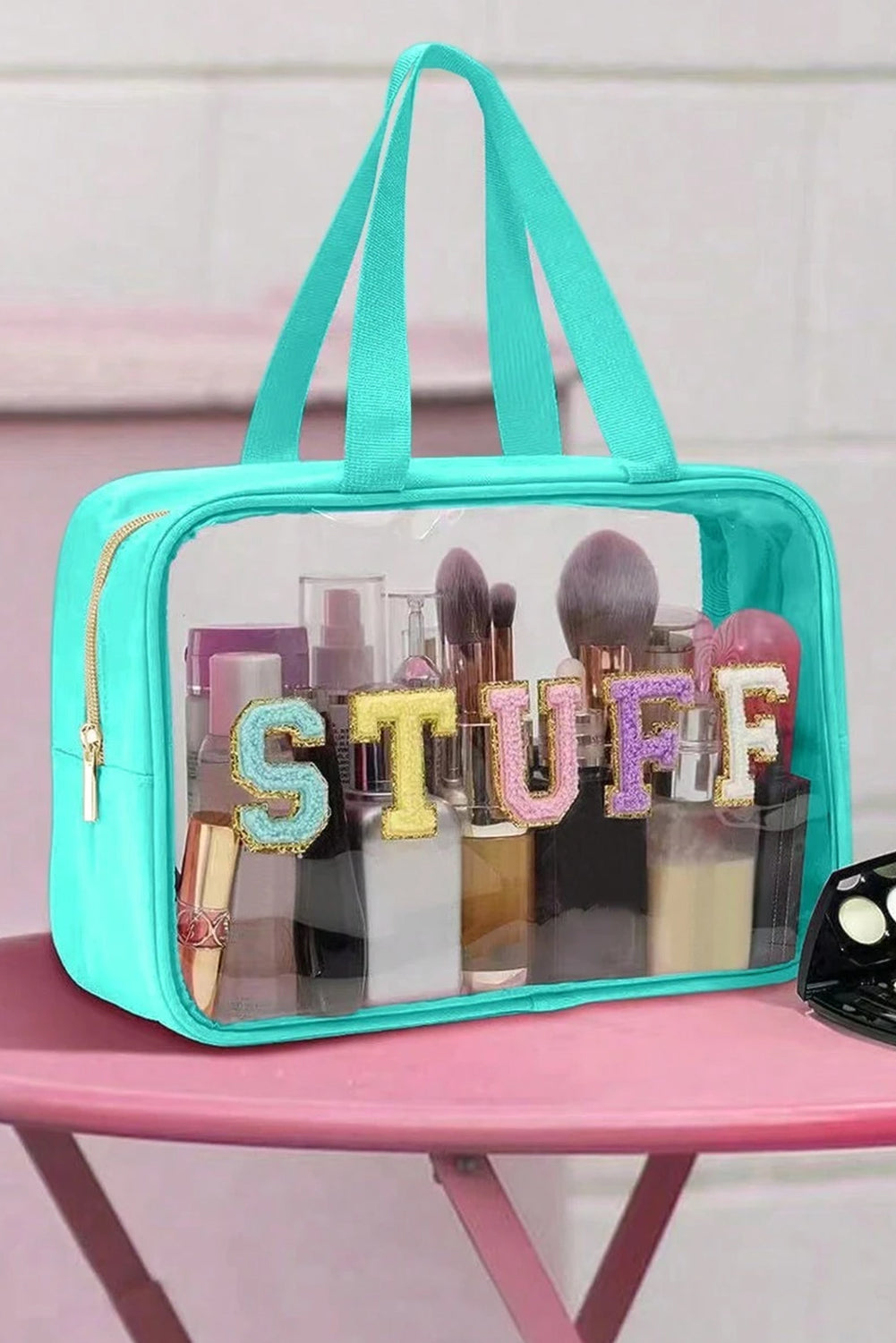 Pink STUFF Glitter Chenille Patched Transparent Makeup Bag