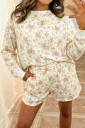 Beige Floral Print Long Sleeve Shift Top Pocketed Shorts 2pcs Set