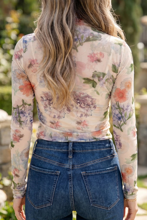 Apricot Floral Print Mock Neck Thumbhole Long Sleeve Top