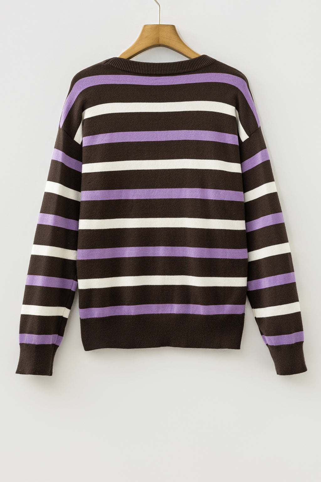 Brown Stripe Embroidered Detail Drop Shoulder Pullover Sweater